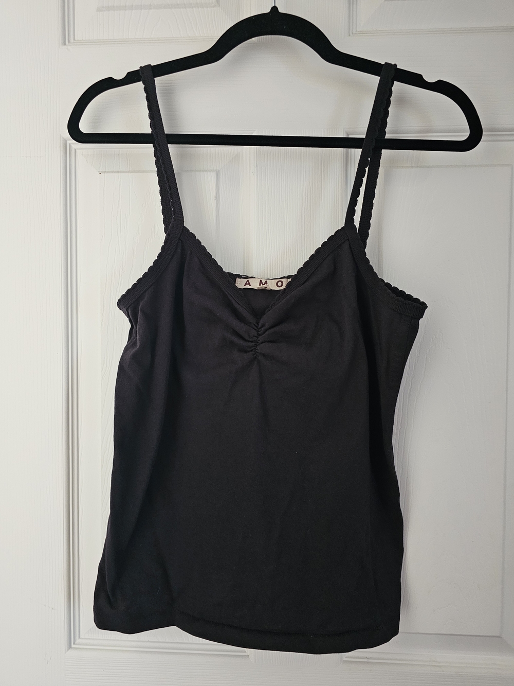 AMO Black Ruched V-Neck Camisole with Scalloped Straps